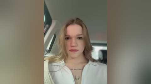 Media: A video of a young Caucasian woman with light brown hair, wearing a white blouse, standing in a modern, minimalistic room with a window and a bookshelf in the background.