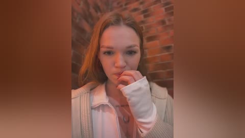 Media: Video of a young Caucasian woman with light skin, straight blonde hair, and light makeup, biting her finger, wearing a beige cardigan over a white blouse, against a brick wall background.