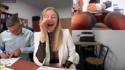 Media: A video collage featuring a laughing blonde woman in a white blazer, a man working, and a close-up of a woman's buttocks in red panties.