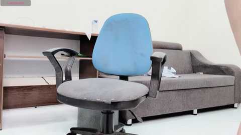 Media: Video of a gray fabric couch and matching office chair with a blue cushion in a minimalistic, modern office setting with white walls and a wooden desk.