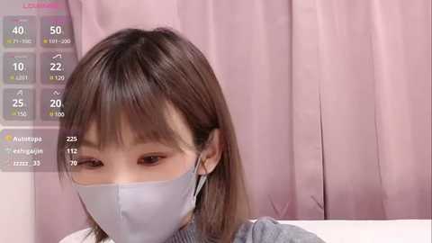 Media: Video of an East Asian woman with straight brown hair, wearing a grey mask, and a grey sweater. Background shows pink curtains and a live stream overlay with viewers' names and numbers.