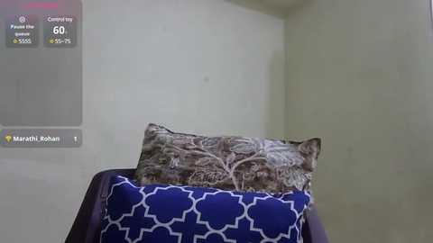 Media: Video of a blue sofa with a patterned cushion and a matching decorative pillow, set against a plain beige wall. Digital screen overlay displays \"Marina Kaplan\" and \"Carmel Bay\" on the left.