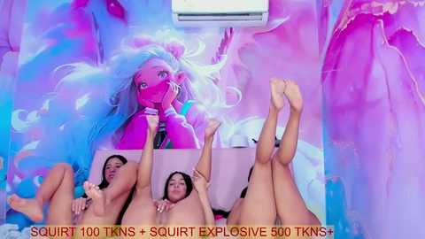 Media: A video of four naked women with different hair colors, lying on their backs with legs up, surrounded by a vibrant, abstract pink and blue background. The text reads, \"SQUIRT 100 TENS + SQUIRT EXPLOSIVE 500 TKNS.\