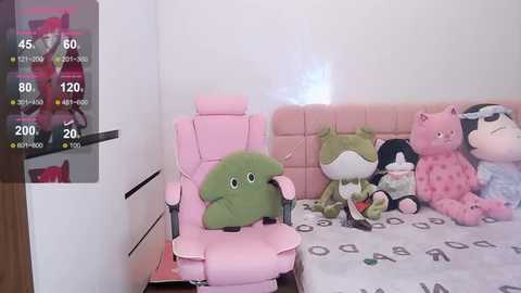 Media: Video of a pink armchair with a green plush toy and a teddy bear, featuring a red, white, and black character on a TV screen in the background.