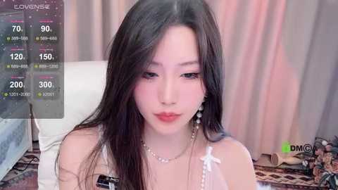 Media: A video of an East Asian woman with long, straight black hair, wearing a white lace top and pearl necklace, sitting indoors with a virtual camera overlay.