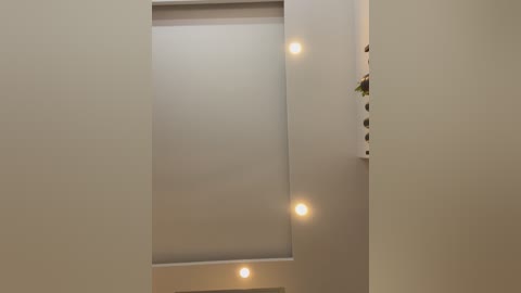 Media: Video of a modern, minimalist interior wall with a rectangular recessed light panel and three small recessed lights emitting soft, warm illumination. The wall is painted in a neutral beige color, contributing to a calm and serene atmosphere.