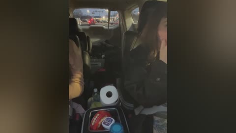 Media: Video of a dimly-lit, messy car interior with two passengers visible. The backseat is cluttered with a red box, a roll of toilet paper, and other items. Outside, city lights and traffic are faintly visible through the window.