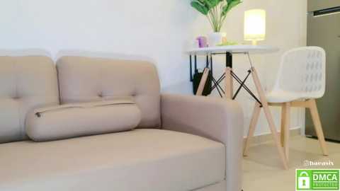 Media: Video of a modern living room with a beige sofa, white chair, small round table, potted plant, and a green refrigerator in the background.