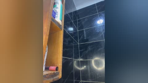 Media: Video of a small, modern bathroom with a wooden shelf holding a roll of toilet paper and a bottle of cleaner. The walls feature large, dark marble tiles with a subtle veining pattern. The lighting is bright, highlighting the clean and minimalist design.