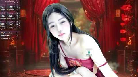 Media: A CGI image of an Asian woman with long black hair, wearing a red, off-shoulder dress, in a dimly lit, red-lit Chinese room, with digital HUD elements on the left.