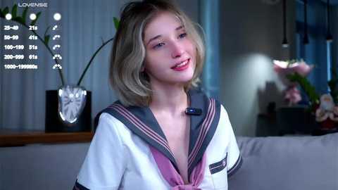 Media: Video of a young, fair-skinned woman with blonde hair, wearing a revealing white sailor dress, smiling in a dimly lit room with a potted plant and floral arrangement.