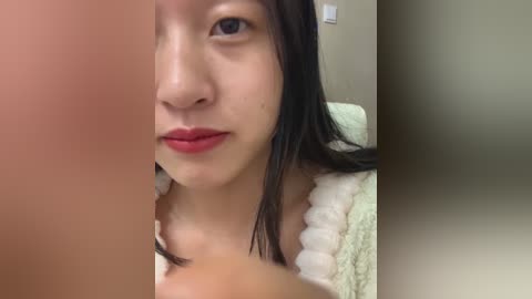 Media: Video of an Asian woman with long black hair and fair skin, wearing red lipstick, looking into a mirror, with blurred background.