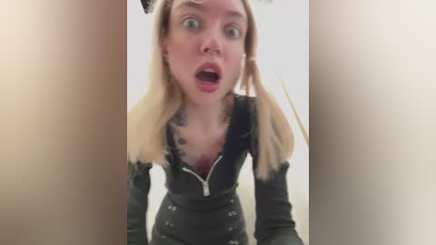 Media: A video of a startled blonde woman with a shocked expression, wearing a black zip-up outfit, standing in a dimly lit bathroom.