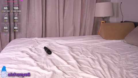 Media: Video of a messy bed with white sheets, a black remote control, and a beige headboard. A bedside lamp with a white shade is visible. The background features light gray curtains.