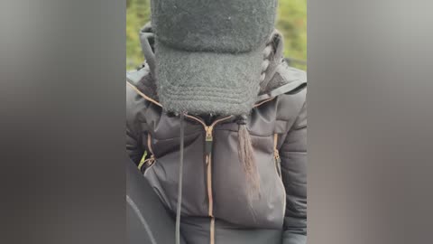 Media: Video of a person wearing a gray puffy jacket and a gray hat with earflaps, standing outdoors in a blurry, grassy background.