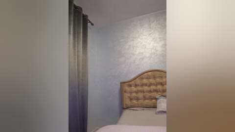 Media: Video of a minimalist bedroom with light gray walls and a tufted, light brown headboard. A bed with white sheets and a pink blanket is visible, flanked by dark gray curtains.