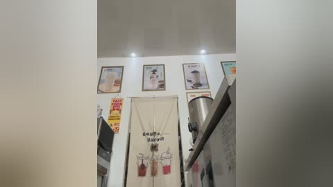 Media: Video of a narrow kitchen with white walls, a beige banner with cartoon characters, three framed posters, a stainless steel pot, and various kitchen items.