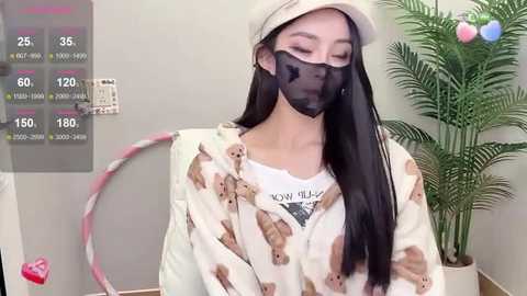 Media: Video of an East Asian woman in a white hat, black face mask, and a cozy sweater with dog patterns, standing in a sterile, light-colored room with a plant and a colorful, digital temperature display.