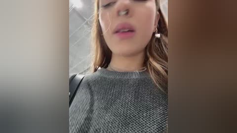 Media: Video of a young woman with fair skin, wearing a grey textured sweater, a silver nose ring, and a black crossbody bag, with a blurred background.