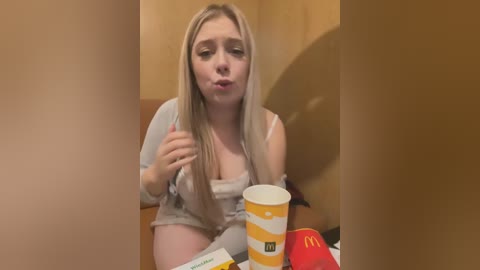 Media: A video of a blonde woman in a grey tank top, sitting in a McDonald's booth, holding a burger, with a large cup and a red McDonald's bag in front.