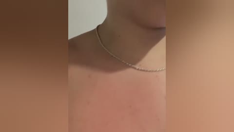 Media: Video of a person's neck and upper chest, wearing a thin, silver chain necklace. The skin is light, with a slight shadow indicating the light source is behind the subject. The background is blurred, focusing attention on the necklace and skin texture.