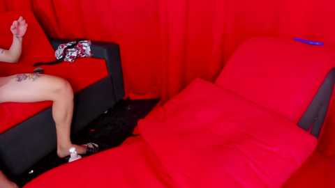 Media: Video of a person lying on a red sofa, wearing a floral-patterned bra, with a black cat resting on their stomach. Background features red curtains and a blue pen.