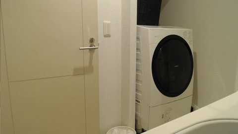 Media: Video of a modern laundry room with beige walls, a white door, a silver handle, and a white front-loading washing machine with a black front panel, set against a white countertop.