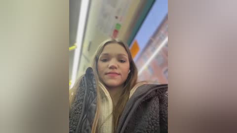 Media: A video of a young Caucasian woman with long blonde hair, wearing a gray quilted jacket and a white sweater, standing in a brightly lit subway car with advertisements on the walls.