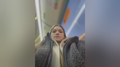 Media: Video of a young woman with light skin and blonde hair wearing a gray fleece jacket and a cream sweater, looking down the aisle of a colorful, light blue and orange subway train.