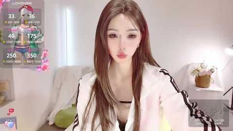 Media: Video of a fair-skinned Asian woman with long brown hair, wearing a white jacket, sitting in a cozy living room. Overlay shows her TikTok stats and a virtual character.