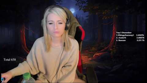 Media: A video of a young, fair-skinned, blonde-haired woman in a beige sweater, sitting in a dimly lit forest with a glowing moon, wearing headphones, with text overlays.