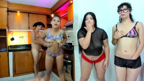 Media: Video: Two young women in lingerie, one adjusting the other's bra in a wooden kitchen.