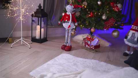 Media: Video of a festive living room with a decorated Christmas tree, Elf on the Shelf doll, lit candles, and a plush white rug.