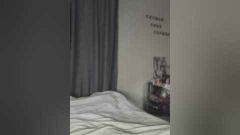 Media: A blurry video of a dimly lit bedroom with a white bed, grey curtains, and a black-and-white framed photo on the wall.