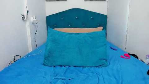 Media: A video of a small, neatly made bed with a turquoise headboard, a teal blanket, and a pink and blue toy on the floor, set against a plain white wall.