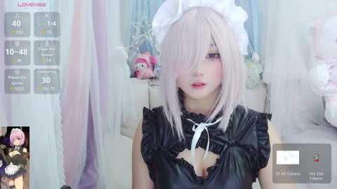 Media: A video of a pale-skinned woman in a revealing black maid outfit with a white apron, pink hair, and makeup. Background shows a room with pastel-colored curtains and plush toys.