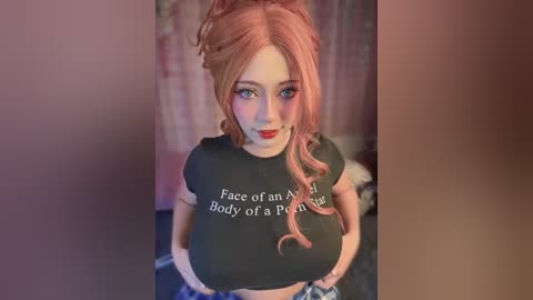 Media: Video of a fair-skinned woman with long, wavy, pink hair in a ponytail, wearing a black crop top with \"Face of an Angel, Body of a Demon\" text. She has blue eyes and red lipstick. Background shows blurred, pink and floral-patterned curtains.