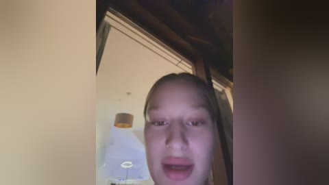 Media: A close-up video of a young Asian woman with light skin, long black hair, and a wide, open-mouthed expression, taken in a dimly lit room with a visible glass bottle on the left.