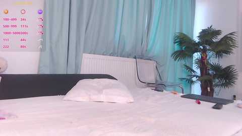 Media: A video of a hospital room with a white bed, a black headboard, and a white pillow. A white radiator is behind the bed. A large potted plant is on the right. A calendar with red and pink icons is on the left.