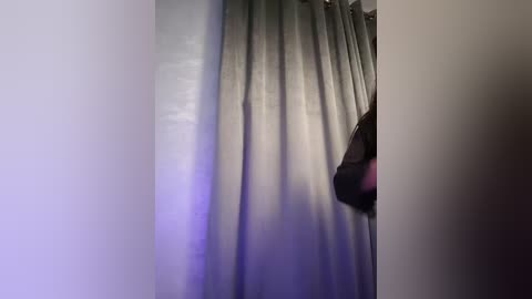 Media: Video of a man standing behind a gray, pleated curtain with a blurred, purple light illuminating the left side, suggesting a dramatic or mysterious atmosphere.