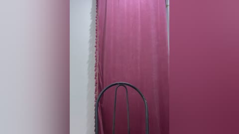 Media: A video of a stark, minimalist room with a pink curtain and white wall. A black metal chair with a high back sits in the foreground, partially obscured by the curtain. The lighting is soft, highlighting the texture of the curtain and the smoothness of the walls.