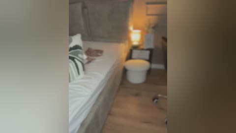 Media: Video of a small, cozy bedroom with a single bed, white linens, and green pillows. The room features a wooden floor, a small lamp, and a toilet in the corner.