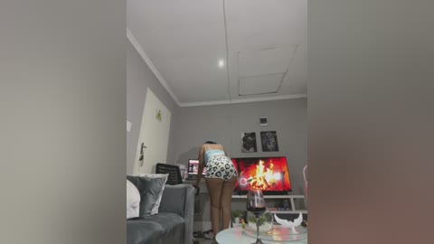 Media: A video of a woman in a living room, facing away, wearing patterned shorts and a top, standing near a flat-screen TV. The room has a modern, minimalist decor with gray walls and white trim.