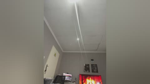 Media: Video of a dimly lit, sparsely furnished room with a single white string light hanging from the ceiling, a closed beige door, and a flat-screen TV displaying a bright red background.