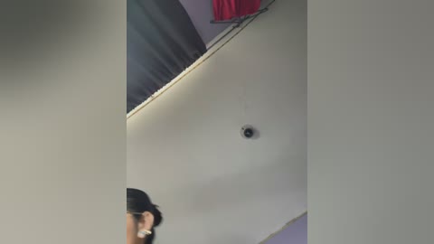 Media: Video of a beige ceiling with a small, black hole. A person in a black cap and red top is partially visible in the bottom left corner.