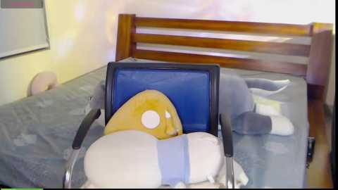 Media: A video shows a hospital bed with a wooden headboard, a blue blanket, a white pillow, and a yellow teddy bear in a blue sling. The room has cream-colored walls and a partially visible framed picture.