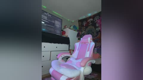 Media: Video of a cozy gaming room with a pink gaming chair, a desk with drawers, a monitor displaying text, and a vibrant wall with anime posters.