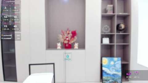 Media: A video shows a modern hospital room with white walls and built-in shelves. A red vase with flowers sits on a shelf, next to a clock. A TV displaying a beach scene is on a table.