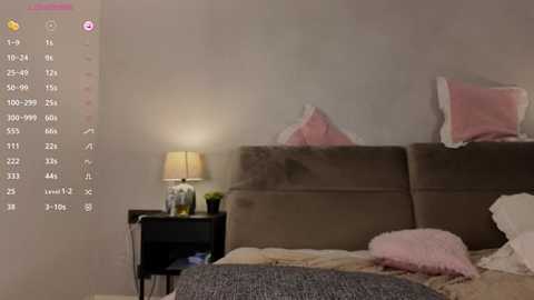 Media: Video of a cozy, minimalist bedroom with a beige headboard, two pink pillows, and a black nightstand with a lamp, calendar app overlay visible.