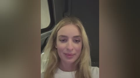 Media: Video of a young woman with long blonde hair, wearing a white top, seated in a dark car, with blurred, out-of-focus passengers in the background.